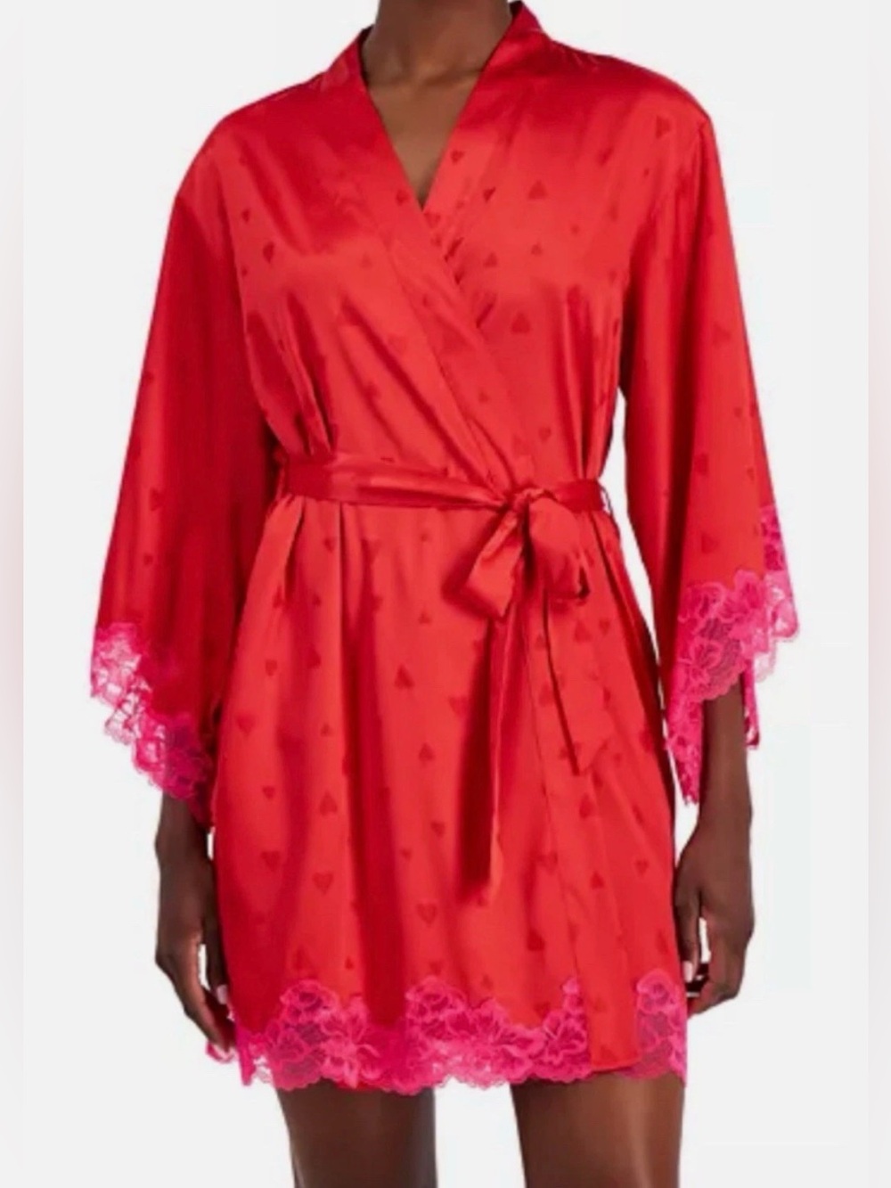 INC International Concepts Lace-Trim Satin Wrap Robe with Heart Jacquard Small